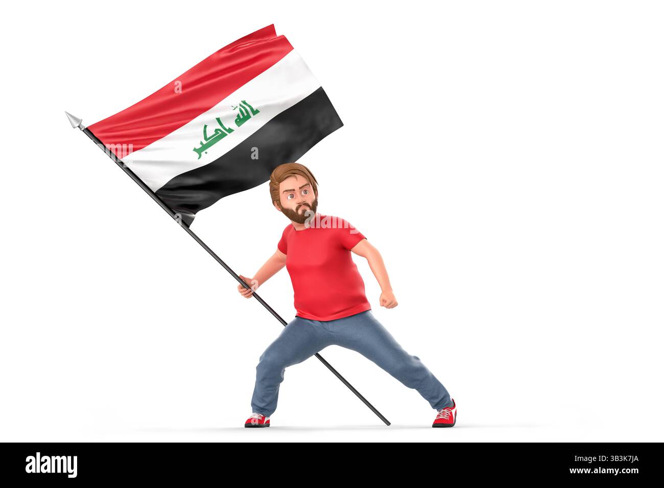 Die irakische Zeichentrickfigur greift die Nationalflagge fest und repräsentiert den starken patriotischen Geist und die kulturelle Identität in lebendiger 3D-Darstellung. 3D-Renderin Stockfoto