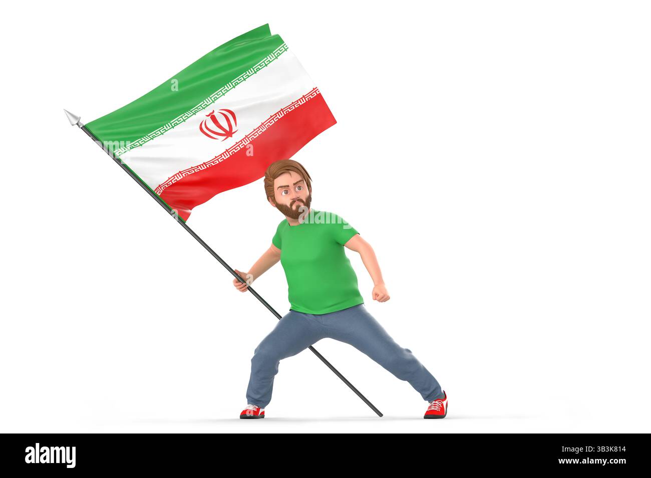 Der Karikaturist hält stolz die iranische Flagge, drückt tiefen nationalen Stolz aus und feiert die kulturelle Identität mit Freude. 3D-Rendering. Stockfoto