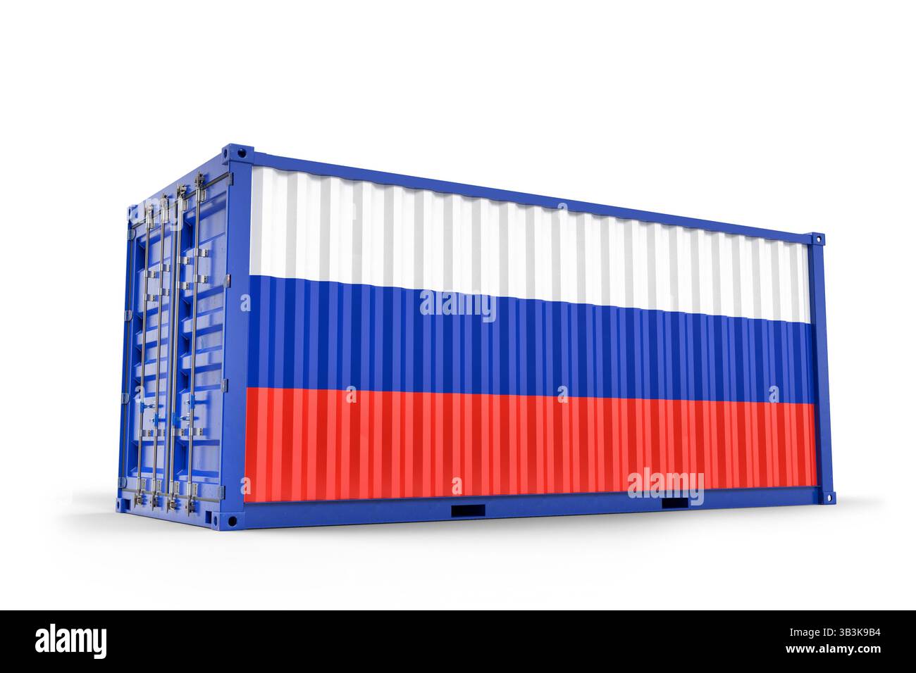 Frachtcontainer mit russischer Nationalflagge, der den internationalen Handel und das globale Logistiknetz repräsentiert. 3D-Rendering Stockfoto
