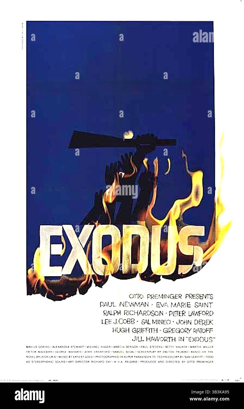 Saul Bass - Exodus - Poster für Film, 'Exodus,' zeigt Arme, eine Waffe, über Flammen - 1961 Stockfoto