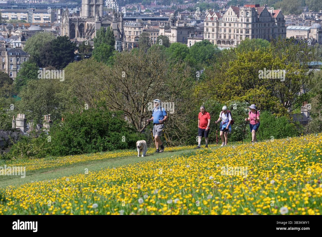 Bath, UK. April 2025. Die Prognosen prognostizieren, dass Donnerstag der bisher heißeste Tag des Jahres sein könnte und dass Teile Großbritanniens heißer sein könnten als beliebte Mittelmeerziele, mit der Stadt Bath im Hintergrund werden eine Gruppe von Wanderern in Bathwick Meadow zu Fuß gesehen. Quelle: Lynchpics/Alamy Live News Stockfoto Bath, UK. April 2025. Die Prognosen prognostizieren, dass Donnerstag der bisher heißeste Tag des Jahres sein könnte und dass Teile Großbritanniens heißer sein könnten als beliebte Mittelmeerziele, mit der Stadt Bath im Hintergrund werden eine Gruppe von Wanderern in Bathwick Meadow zu Fuß gesehen. Quelle: Lynchpics/Alamy Live News Stockfoto