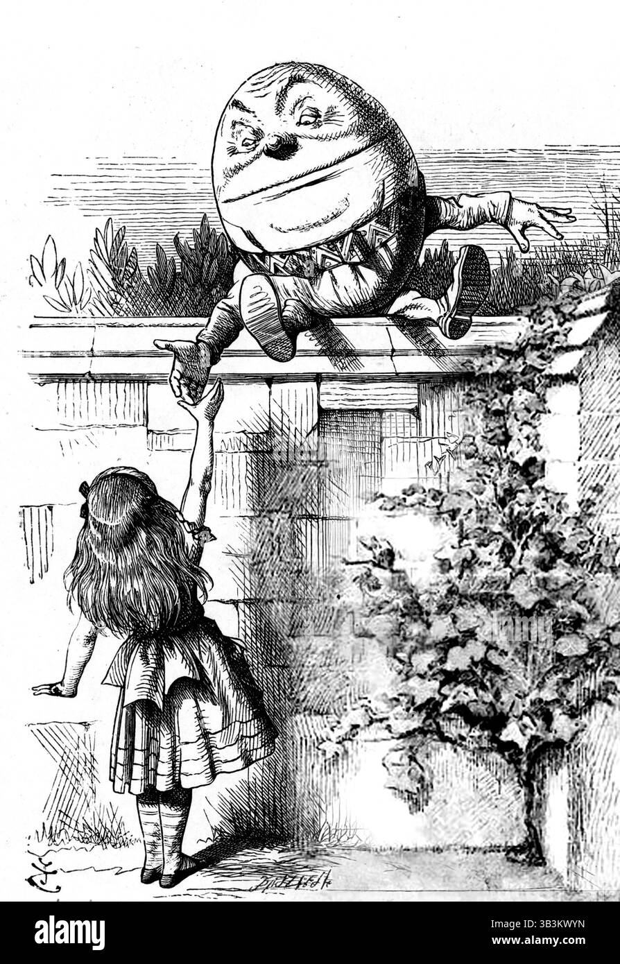 Humpty Dumpty. Illustration des Kinderreims, Humpty Dumpty und Alice aus „Through the Looking-Glass“ von John Tenniel, 1871 Stockfoto