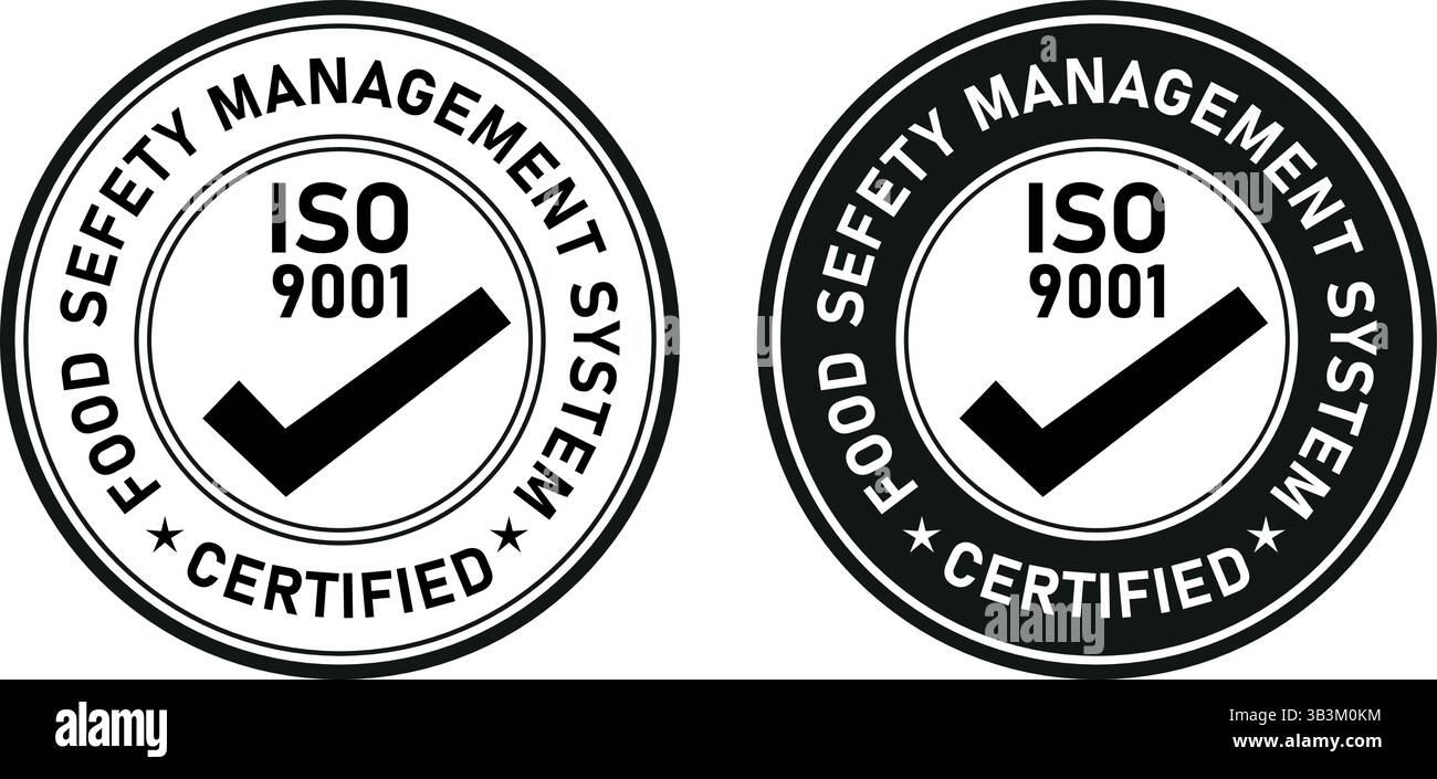 Schwarz-weiße Badge-Symbole mit Text, der das nach iso 9001 zertifizierte Managementsystem für Lebensmittelsicherheit angibt und ein Häkchen für die verifizierte Zertifizierung zeigt Stock Vektor