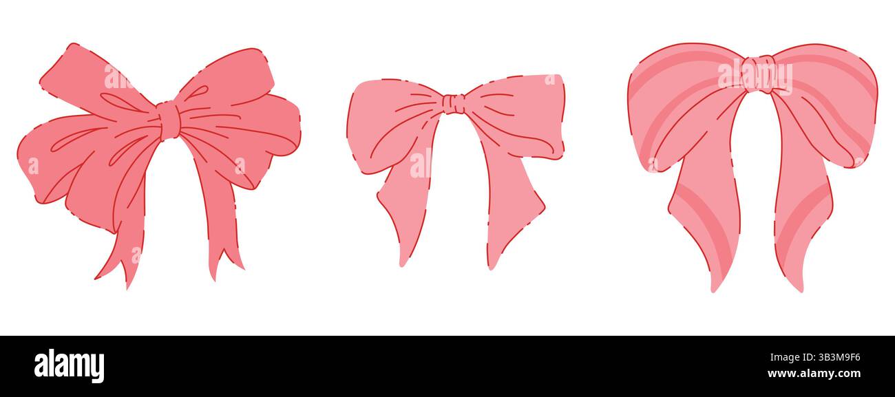 Set aus eleganten, handgezeichneten Illustrationen mit rosafarbenem Band. Kollektion mit üppigem Satine Bowknot für Geschenke, Present Knots, Wickelpackung und Hairstyle Stock Vektor