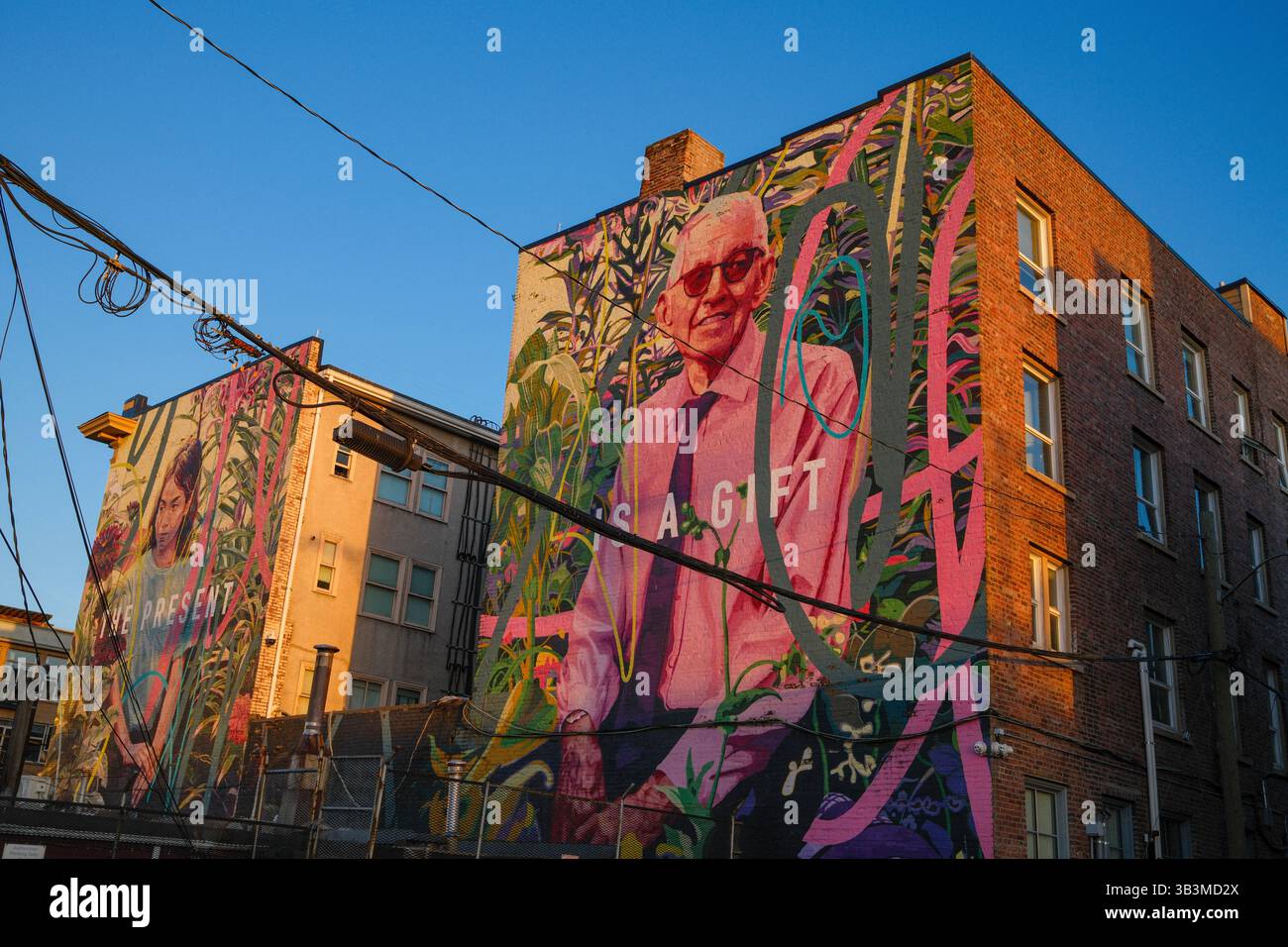Ein farbenfrohes Wandgemälde bei Sonnenuntergang an der Main Street & West Broadway in Mount Pleasant, Vancouver, BC. Stockfoto