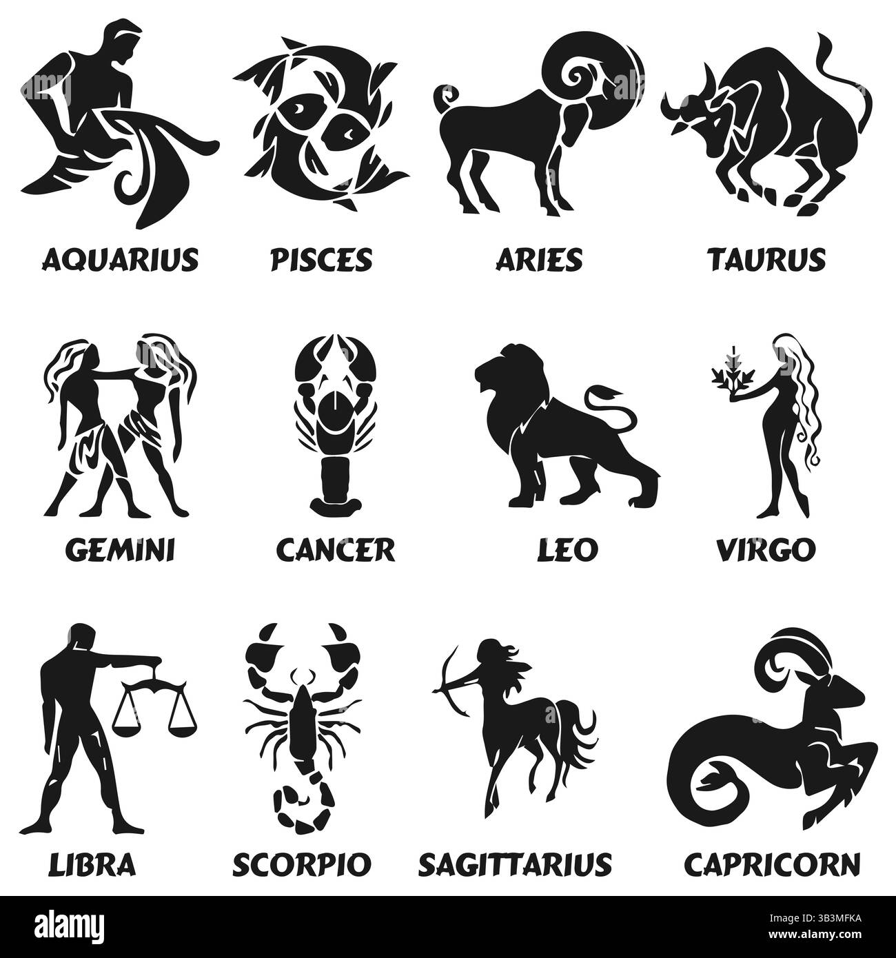 Sternzeichen Horoskop-Symbole setzen isolierte astrologische Bilder in schlichtem Schwarz-weiß-Stil Stock Vektor