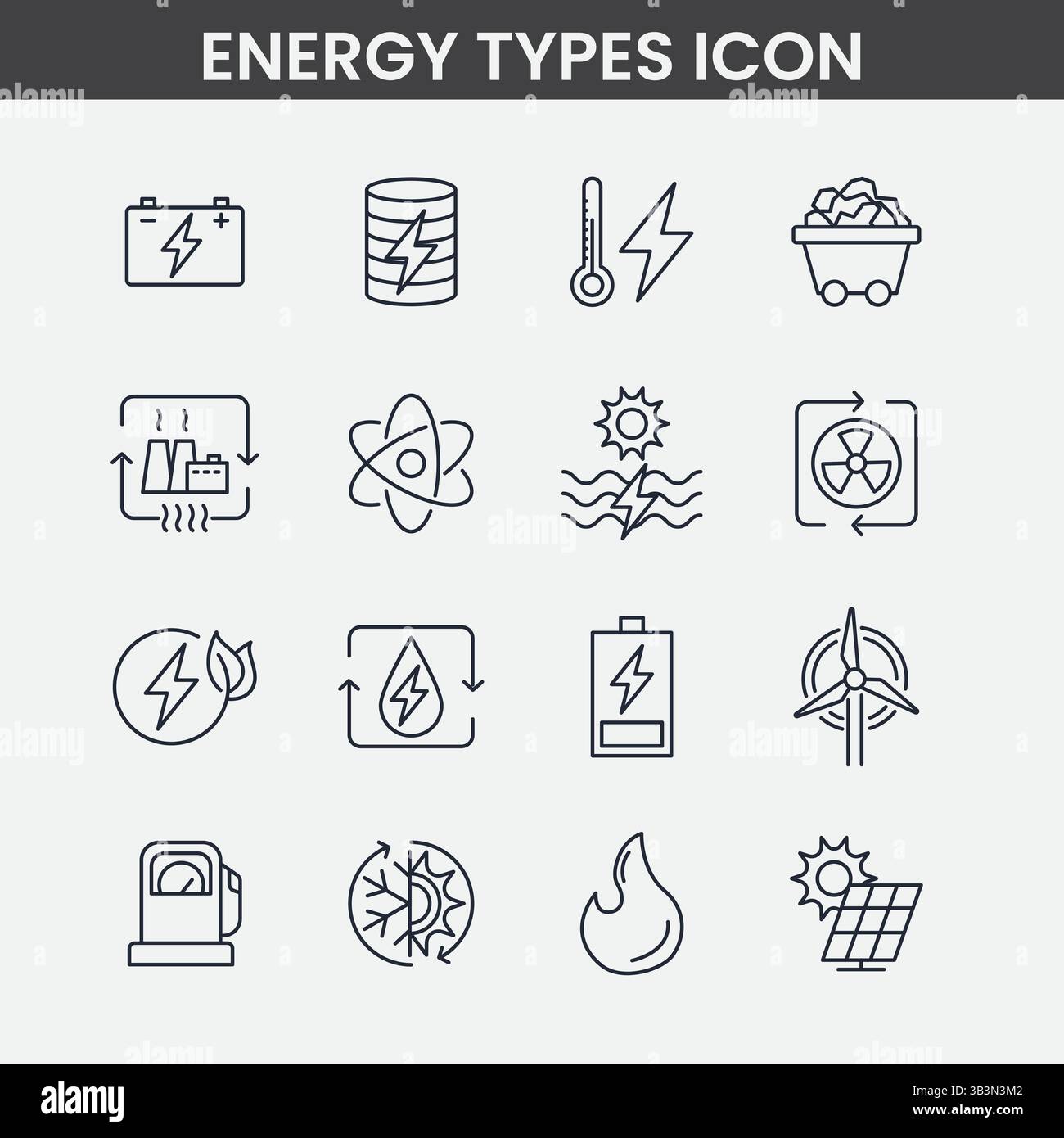 Energietypen im minimalen Linienstil mit Symbolen für Solar, Wind, Batterie, Kraftstoff und Energieerzeugung Stock Vektor
