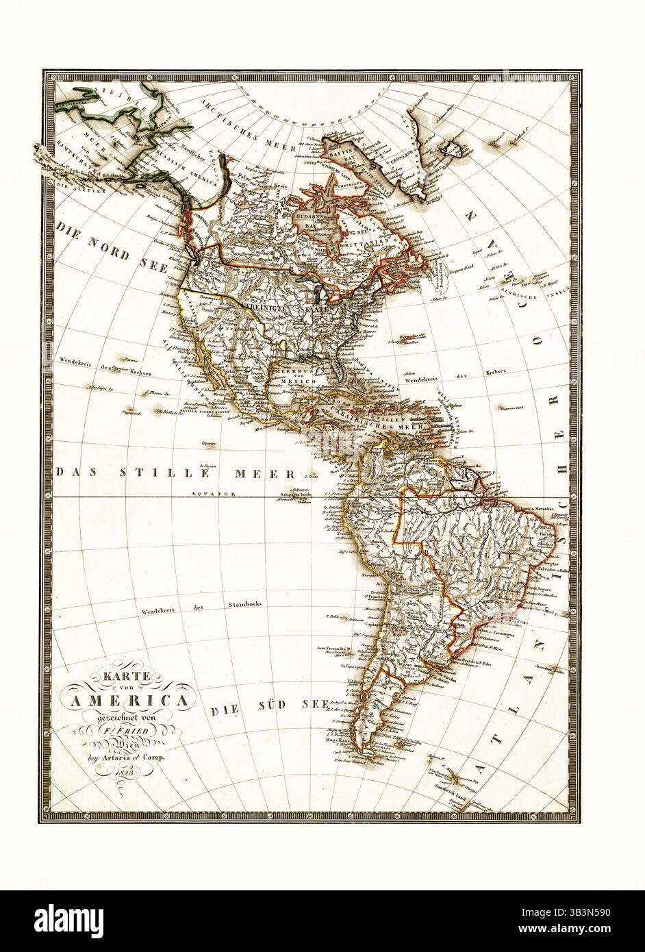 Karte von America – Antique 1823 Franz Fried Karte von Nord- und Südamerika, Vintage Continental Karte Stockfoto