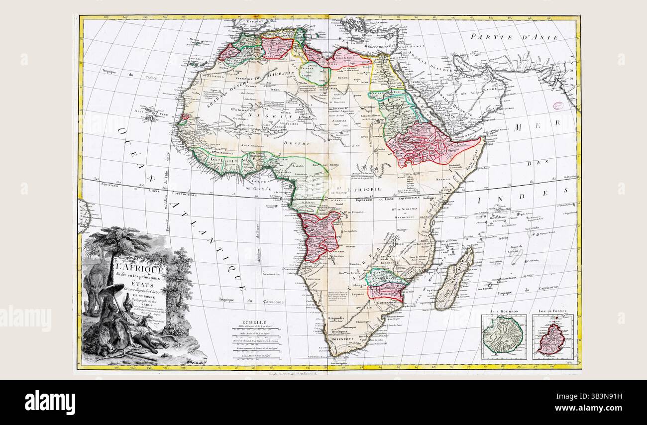 Afrika-Karte von Rigobert Bonne, herausgegeben von Jean Lattré, 1778 – Antike Kartographie des afrikanischen Kontinents aus dem 18. Jahrhundert Stockfoto
