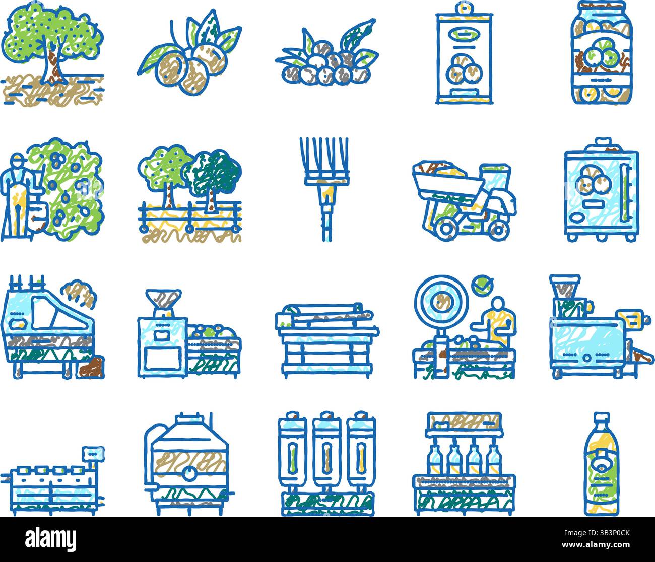 Symbole für Olivenproduktion und Ernte handgezeichnet Stock Vektor