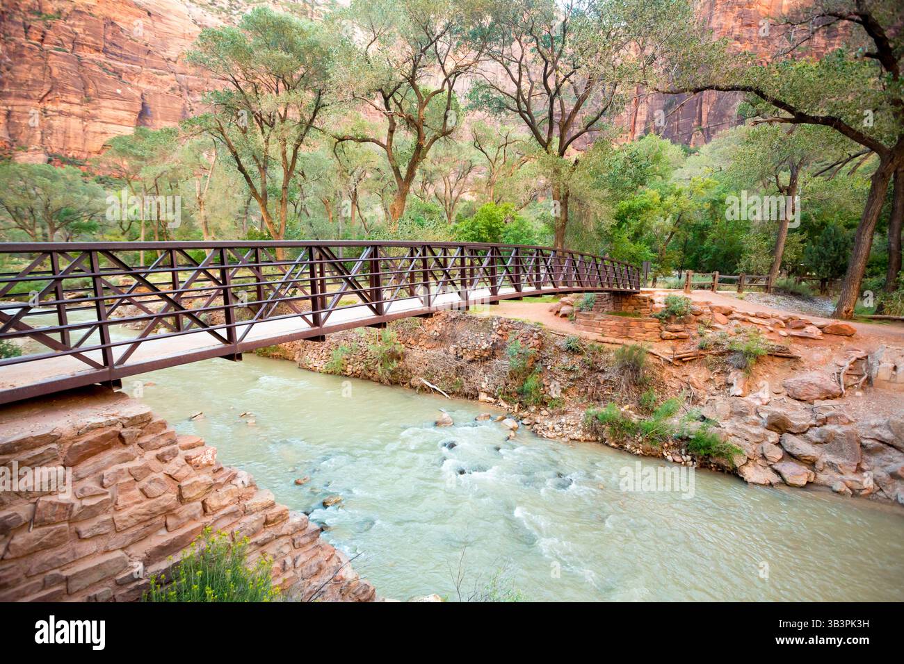 Brücke über den Virgin River entlang des West Rim Trail im Zion National Park, Utah Stockfoto