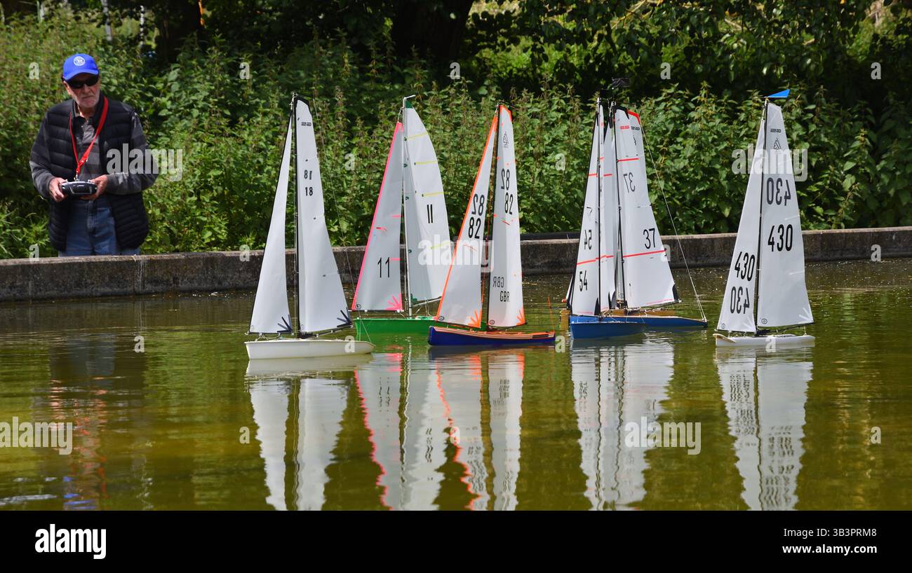 Man segelt Teichyachten in Sonnenschein mit Reflexen Stockfoto