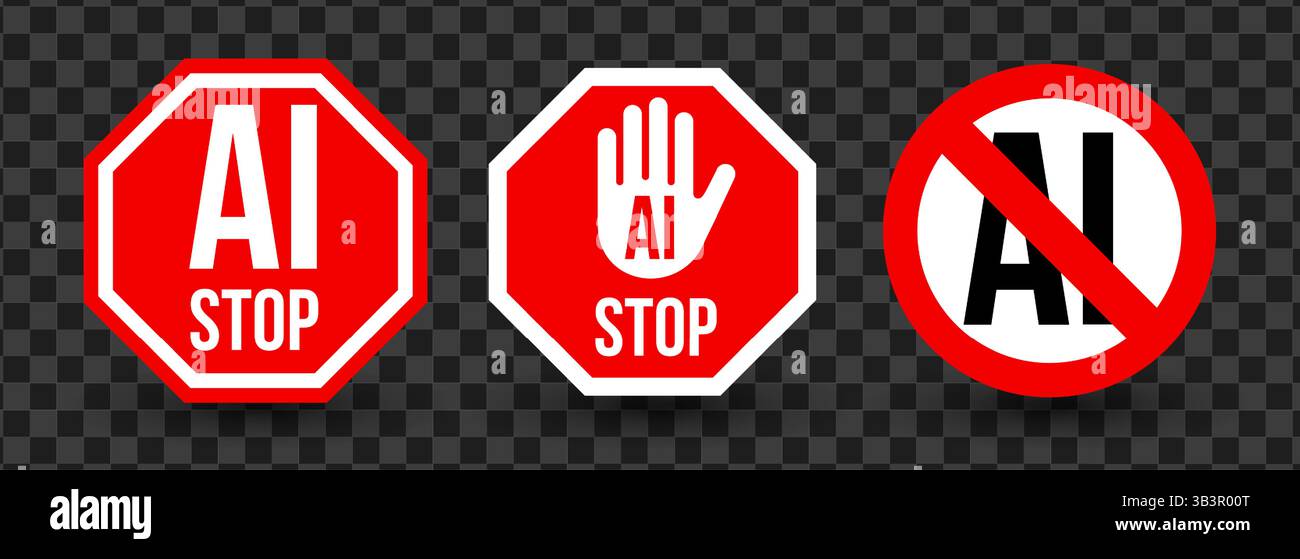 AI-Stoppschilder gesetzt, rote Warnsymbole mit Verbot, Hand, durchgestrichene AI-Buchstaben. Protest, Bewusstsein, Technologieverbot, eingeschränkte Nutzung. Vektor Stock Vektor