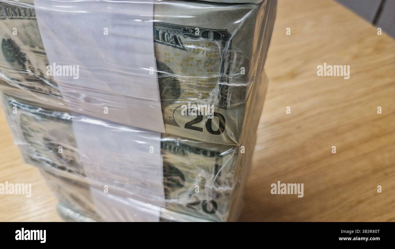 Volle Blöcke amerikanischer 20-Dollar-Scheine. US-Dollar in offiziellen Bankverpackungen aus Plastik. Konzept des Banken- oder Zahlungssystems, der Wirtschaft und des Finanzwesens in den USA. - Smartphone-aufgenommenes Stockfoto