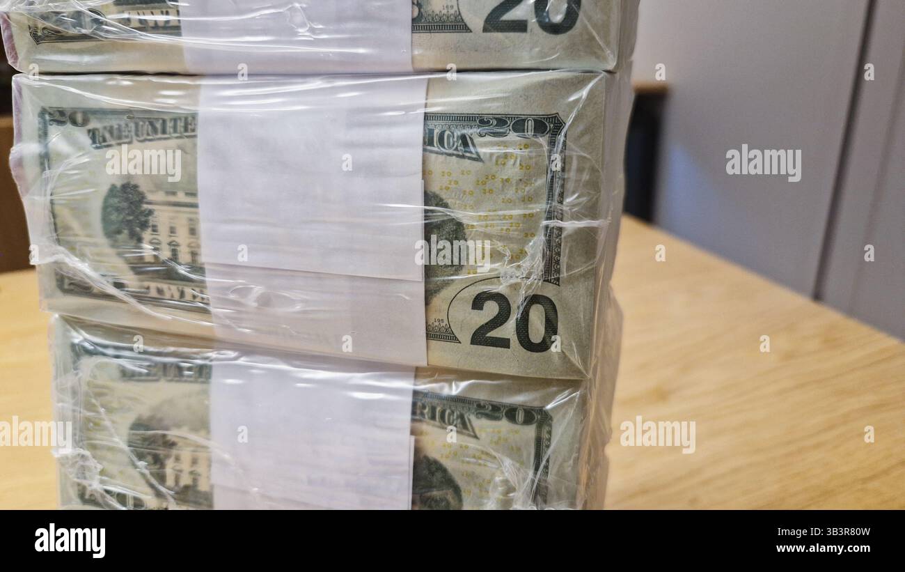 Volle Blöcke amerikanischer 20-Dollar-Scheine. US-Dollar in offiziellen Bankverpackungen aus Plastik. Konzept des Banken- oder Zahlungssystems, der Wirtschaft und des Finanzwesens in den USA. - Smartphone-aufgenommenes Stockfoto