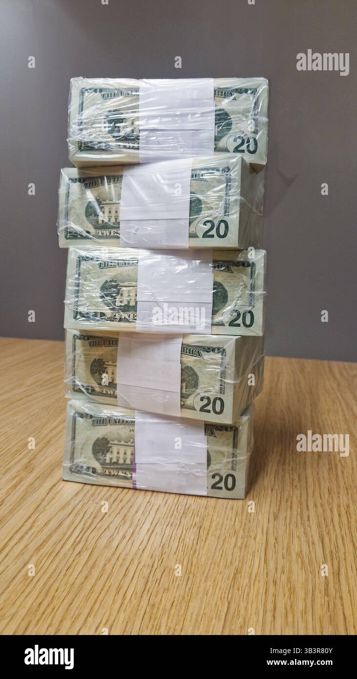 Volle Blöcke amerikanischer 20-Dollar-Scheine. US-Dollar in offiziellen Bankverpackungen aus Plastik. Konzept des Banken- oder Zahlungssystems, der Wirtschaft und des Finanzwesens in den USA. - Smartphone-aufgenommenes Stockfoto