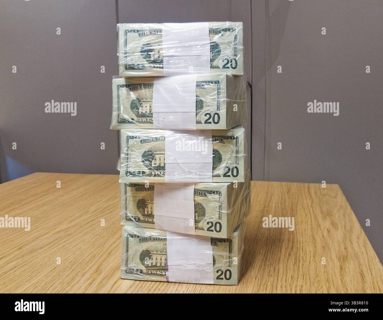 Volle Blöcke amerikanischer 20-Dollar-Scheine. US-Dollar in offiziellen Bankverpackungen aus Plastik. Konzept des Banken- oder Zahlungssystems, der Wirtschaft und des Finanzwesens in den USA. - Smartphone-aufgenommenes Stockfoto