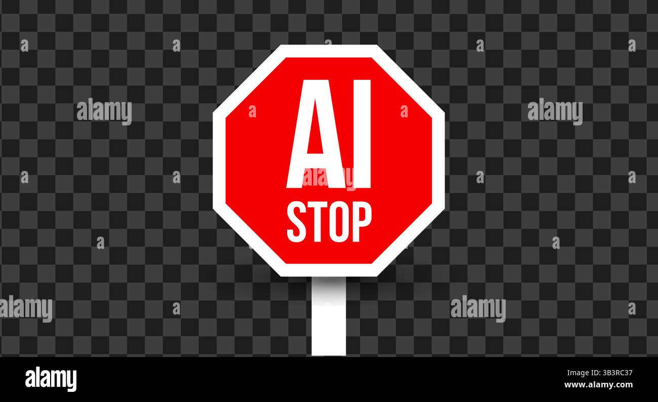 BLAUES Warnschild AI STOP. Digitaler Protest, Technologiesymbol, Verkehrsschild auf transparentem Hintergrund. Vektorabbildung Stock Vektor