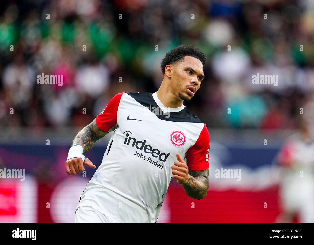 Deutscher Park, Frankfurt, Deutschland. April 2025. Nnamdi Collins von Eintracht Frankfurt schaut während einer 1. Bundesliga-Spiel, Eintracht Frankfurt gegen RB Leipzig, im Deutschen Park, Frankfurt, Deutschland. Ulrik Pedersen/CSM/Alamy Live News Stockfoto