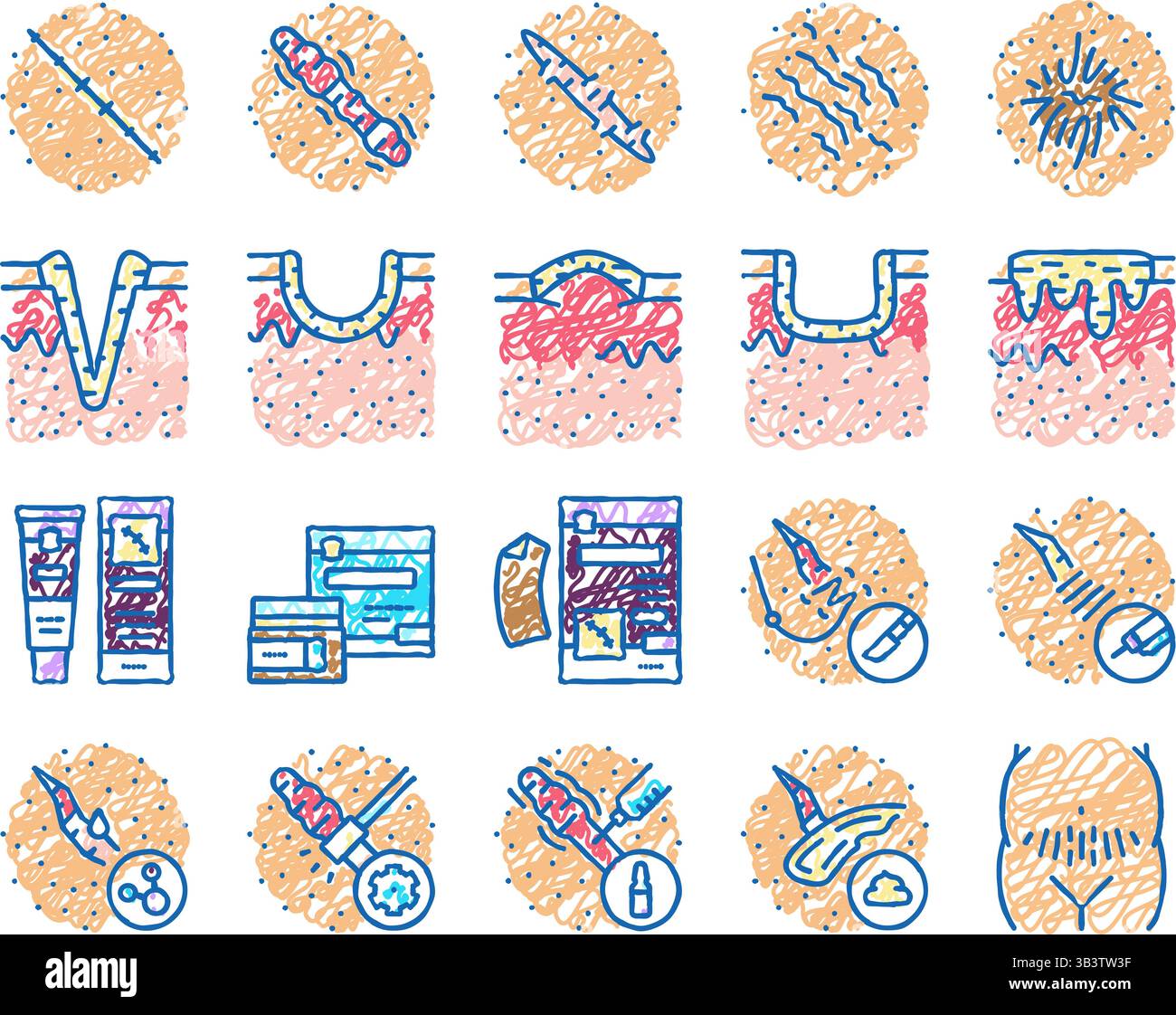 Narbensymbole nach Trauma oder Operation handgezeichnet Stock Vektor