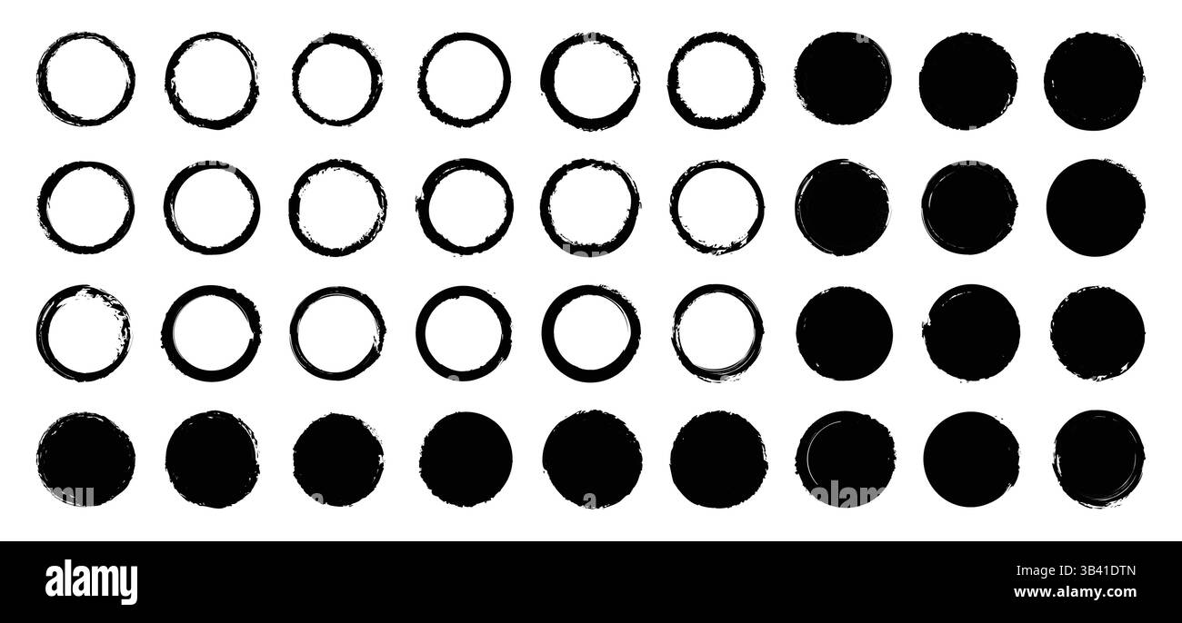 Satz Kreis, Grunge, schwarze Farbe, Tinte, schmutzige Pinselstriche. Kreative Elemente für Ihr Design. Handgezeichneter Satz von Kreislinien. Kreisförmiger Vektor. Stock Vektor
