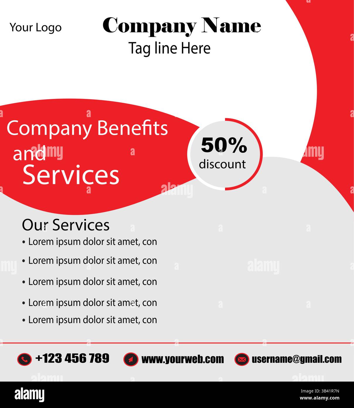 Flyer für Unternehmensvorteile und -Services – Vorlage für Unternehmensrabatte in Rot und weiß Stock Vektor