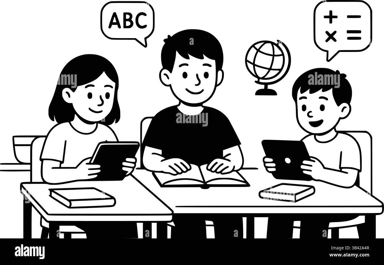 Kinder lernen Schwarz-weiß-Illustration – Schüler im Klassenzimmer mit Tablets Stock Vektor