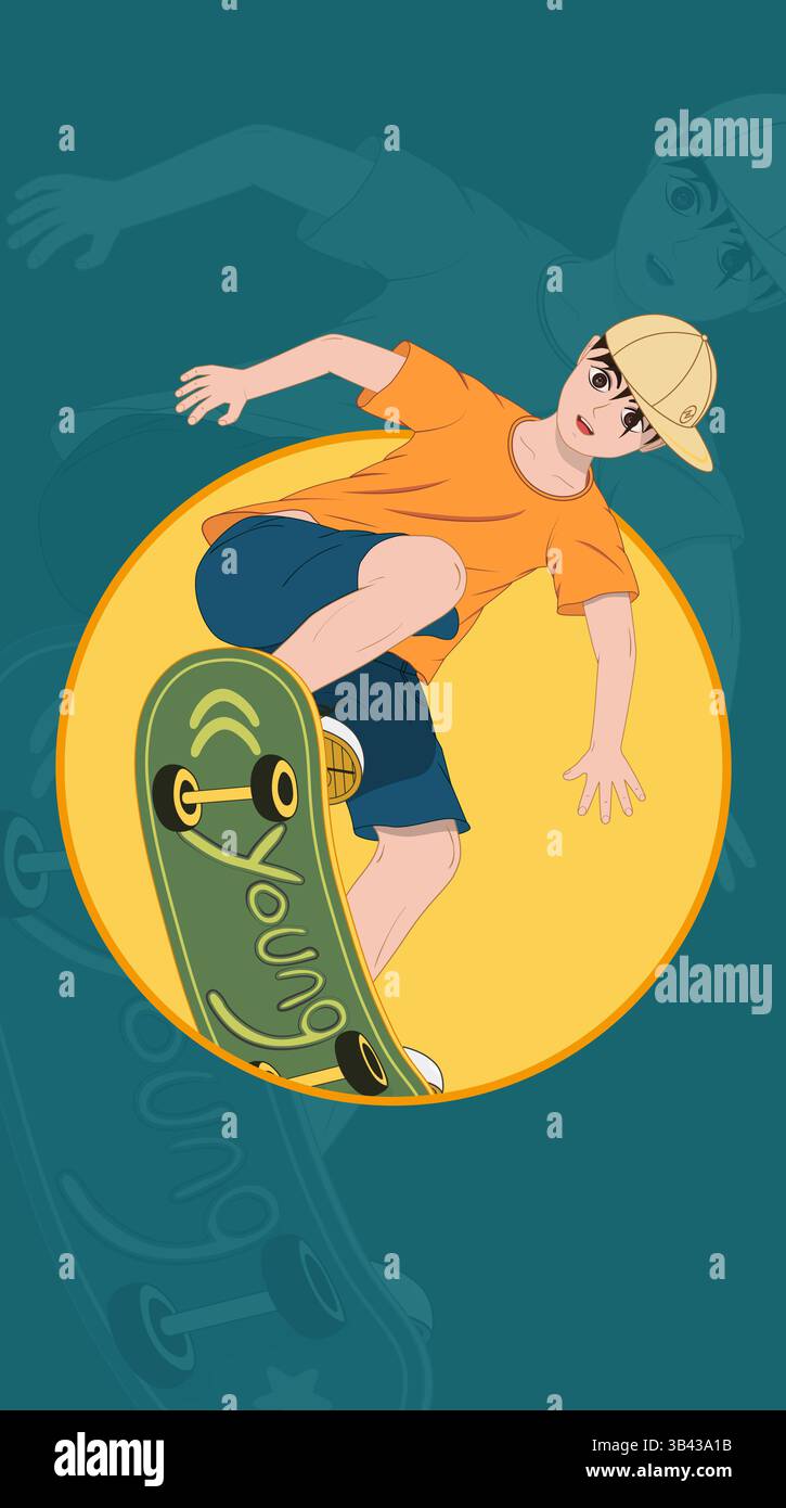 Vektor-Illustration Poster eines Teenagers, der Skateboard spielt Stock Vektor