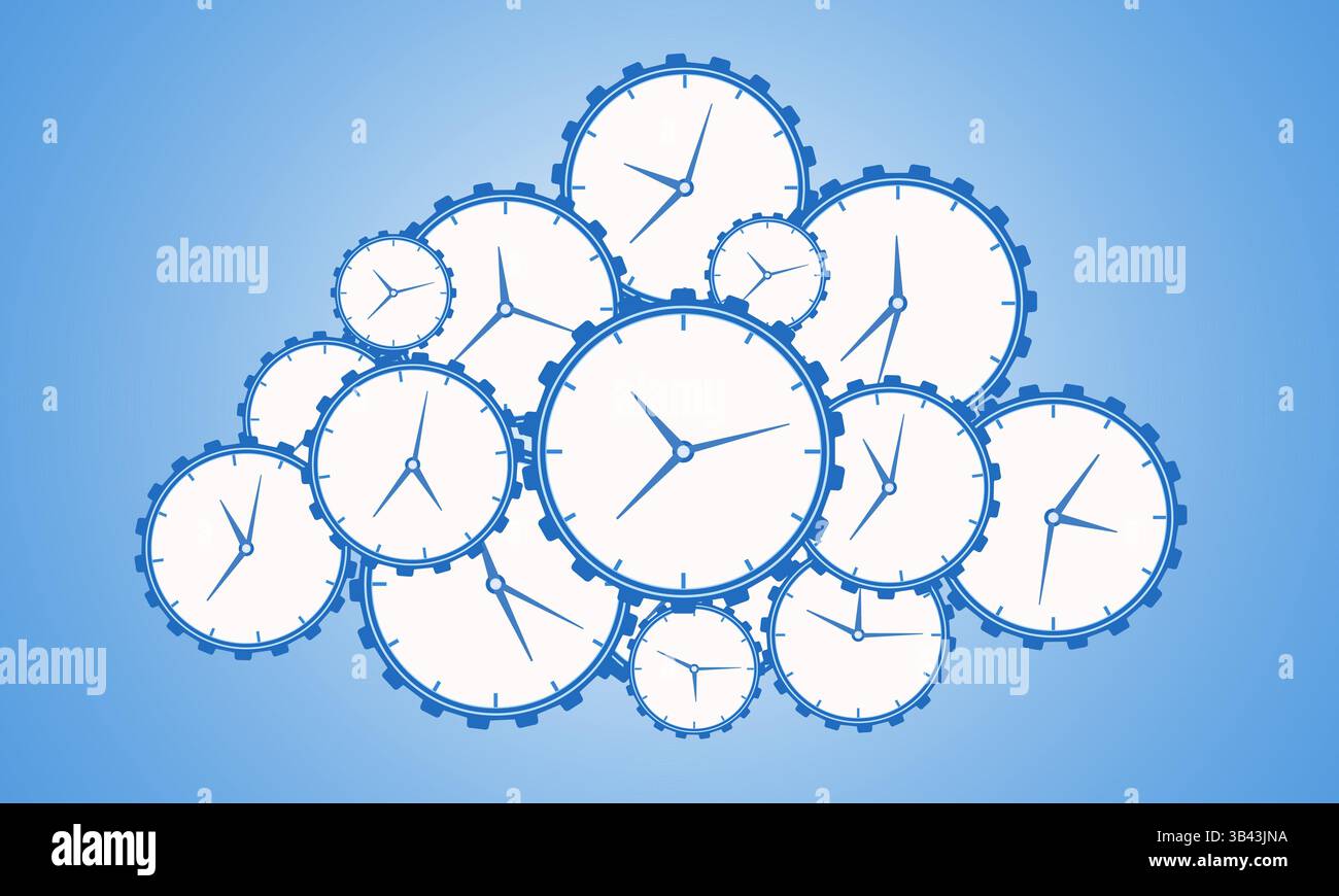 Vektorkonzeptdarstellung vieler abstrakter Zeiträder unterschiedlicher Größe, die sich drehen Stock Vektor