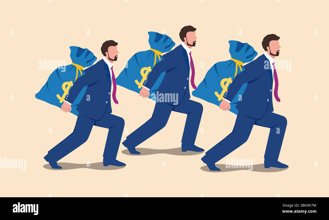 Vektorkonzeptillustration eines Geschäftsmannes, der eine große Tasche Geld nach vorne trägt Stock Vektor