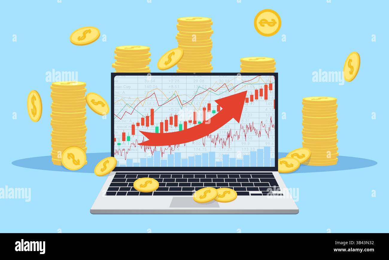 Konzeptdarstellung einer großen Anzahl von Goldmünzen, die auf dem Boden verstreut sind. Börsentrenddiagramm auf dem Computer Stock Vektor