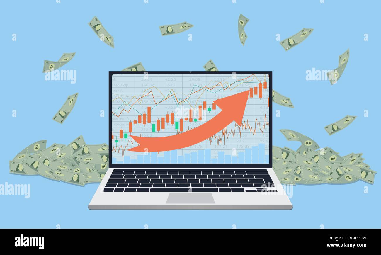 Konzeptdarstellung von viel Geld, das auf dem Boden verstreut ist. Börsentrenddiagramm auf dem Computer Stock Vektor