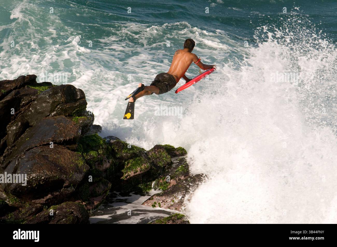 Januar 2015 - Hawaii, USA - Hoâ€ Okipa Beach. Maui. Hawaii. Surfer, der ins Wasser springt. Der Ho'okipa Beach Park, die ursprüngliche Heimat des zeitgenössischen Surfens auf Maui, ist eines der bekanntesten Wahrzeichen der Insel. (Bild: © Sergi Reboredo/ZUMA Wire/ZUMAPRESS.com) Stockfoto