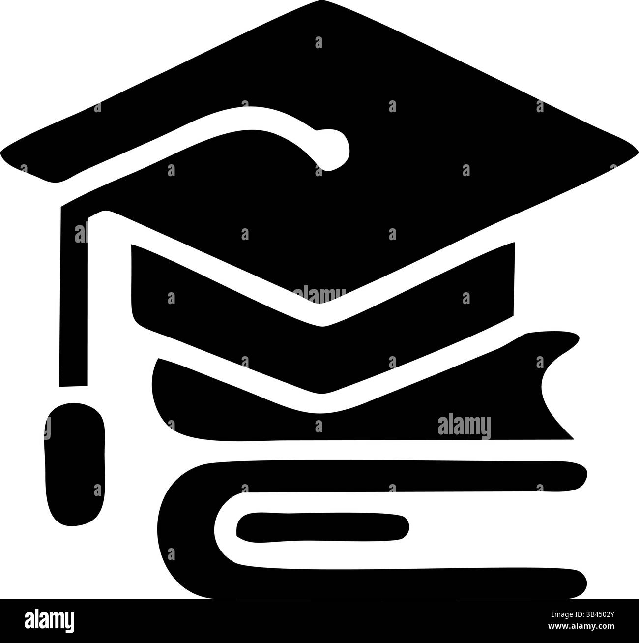 Eine klare, schwarz-weiße Vektorgrafik einer Graduierungskappe auf gestapelten Büchern Stock Vektor