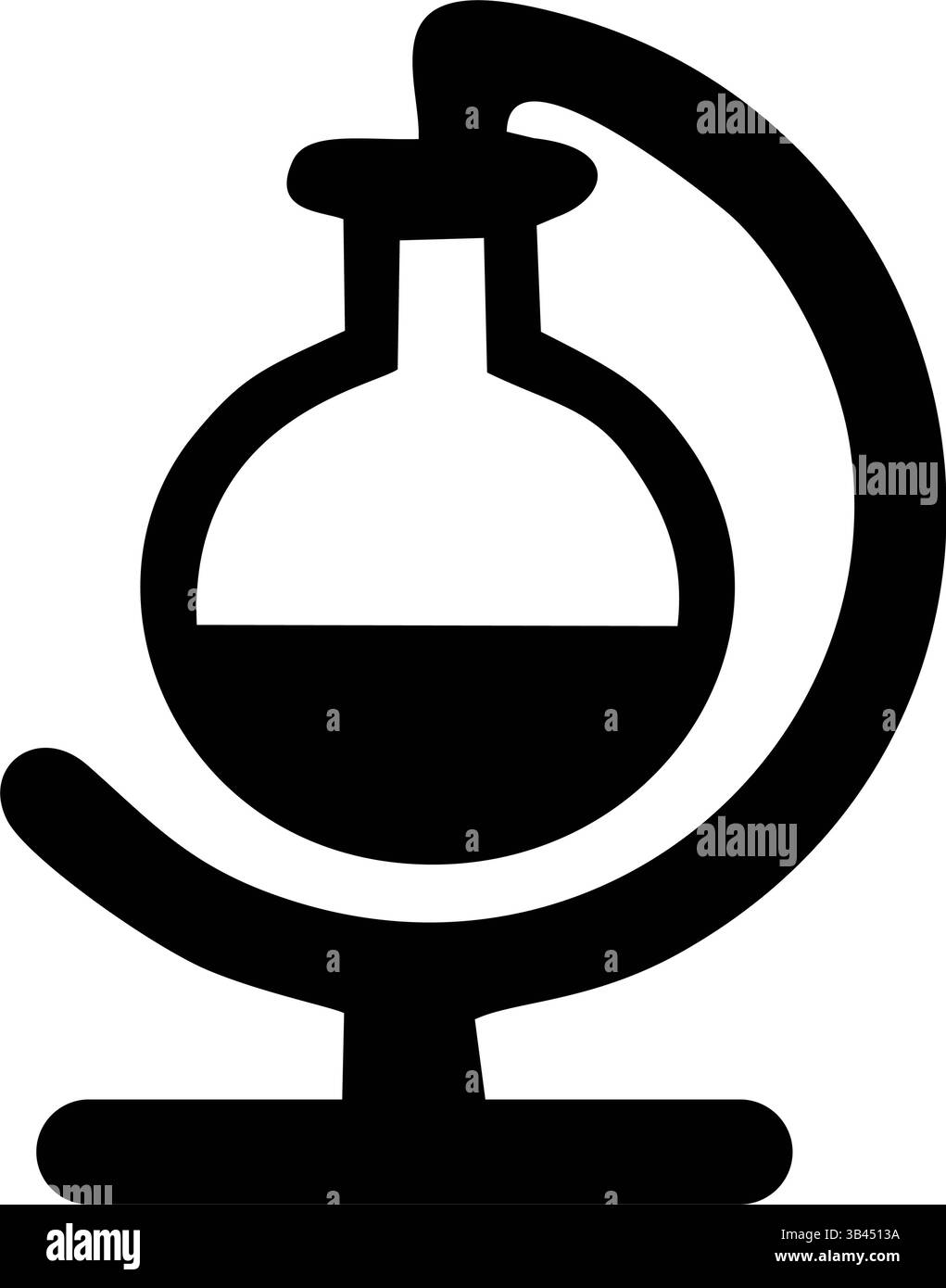 Eine einfache Schwarzweiß-Grafik eines Laborkolbens auf einer Weltkugel Stock Vektor