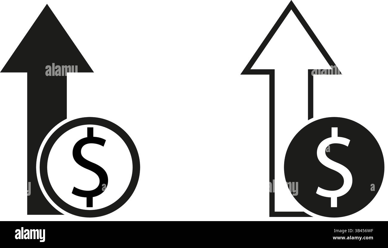 Set aus zwei Symbolen für das Dollar-Wachstum mit fetten Aufwärtspfeilen und Dollarsymbolen in Schwarz und Umrissstil, die für das Finanzwachstum oder den steigenden Pro-Wert verwendet werden Stock Vektor