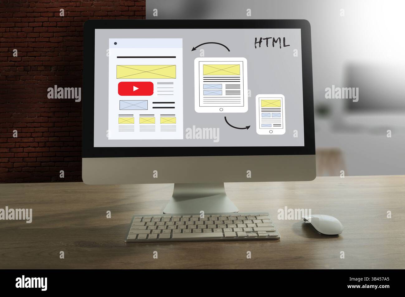 Webdesign von Geschäftsleuten, responsives Website-Layout und Content. Entwicklung einer Landing-Page auf einer LANDING-PAGE auf einem Laptop-Bildschirm (SEO-Konzept) Stockfoto