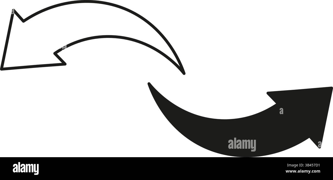 Gekrümmtes Pfeilsymbol in Schwarz und Umrisstypen, die in entgegengesetzte Richtungen zeigen und Strömung, Bewegung, Drehung, Austausch, oder Navigation Stock Vektor