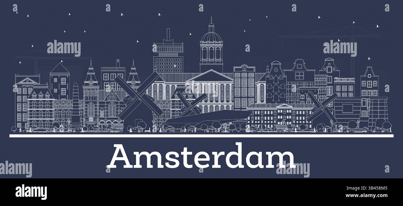Umreißen Sie die Skyline von Amsterdam Holland City mit weißen Gebäuden. Vektorabbildung. Business Travel and Tourism Concept mit historischer Architektur. Stock Vektor