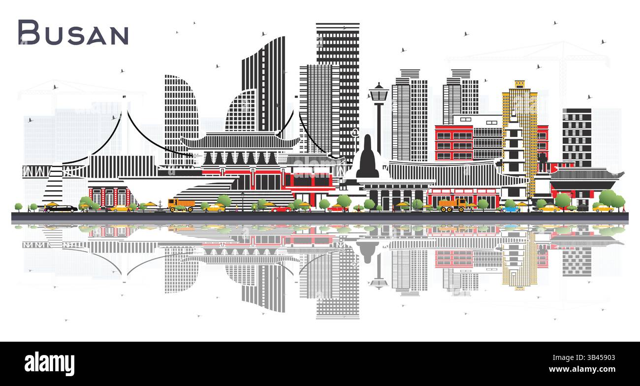 Busan Südkorea City Skyline mit farbigen Gebäuden isoliert auf Weiß. Vektorgrafik. Tourismuskonzept mit historischer und moderner Architektur. Stock Vektor