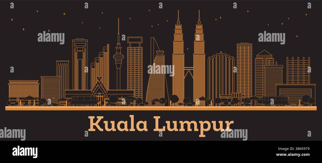 Umreißen Sie die Skyline von Kuala Lumpur Malaysia City mit orangefarbenen Gebäuden. Vektorabbildung. Geschäftsreisen und Konzept mit moderner Architektur. Stock Vektor