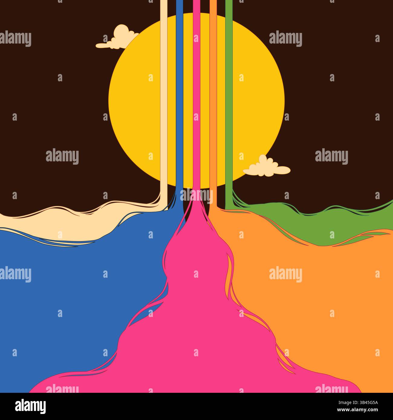 Grooviges horizontales Banner der 90er Jahre mit Sonne und Wolken. Minimales Cartoon-Design mit Hippie-Vibes. Perfekt für Web, Druck, Poster und Dekor Stock Vektor