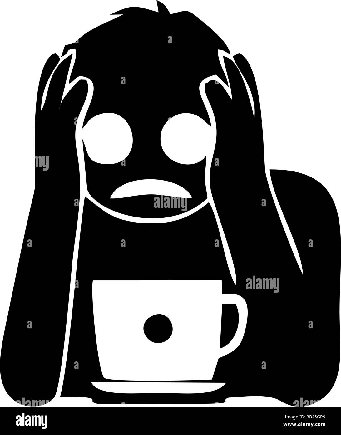 Eine schwarz-weiße Silhouette einer Person mit den Händen auf dem Kopf, die eine verzweifelte oder verärgerte Emotion vermittelt Stock Vektor