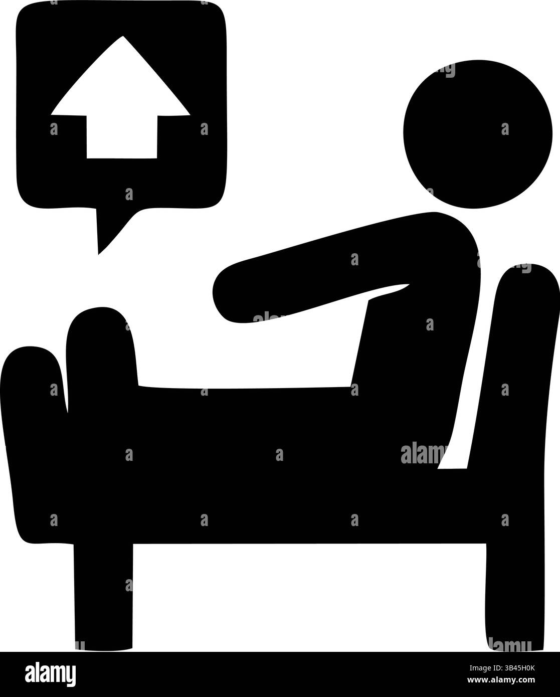 Einfache schwarz-weiße Vektorgrafik einer Person, die in einem Bett liegt, mit einem nach oben zeigenden Haussymbol in einer Sprechblase darüber Stock Vektor