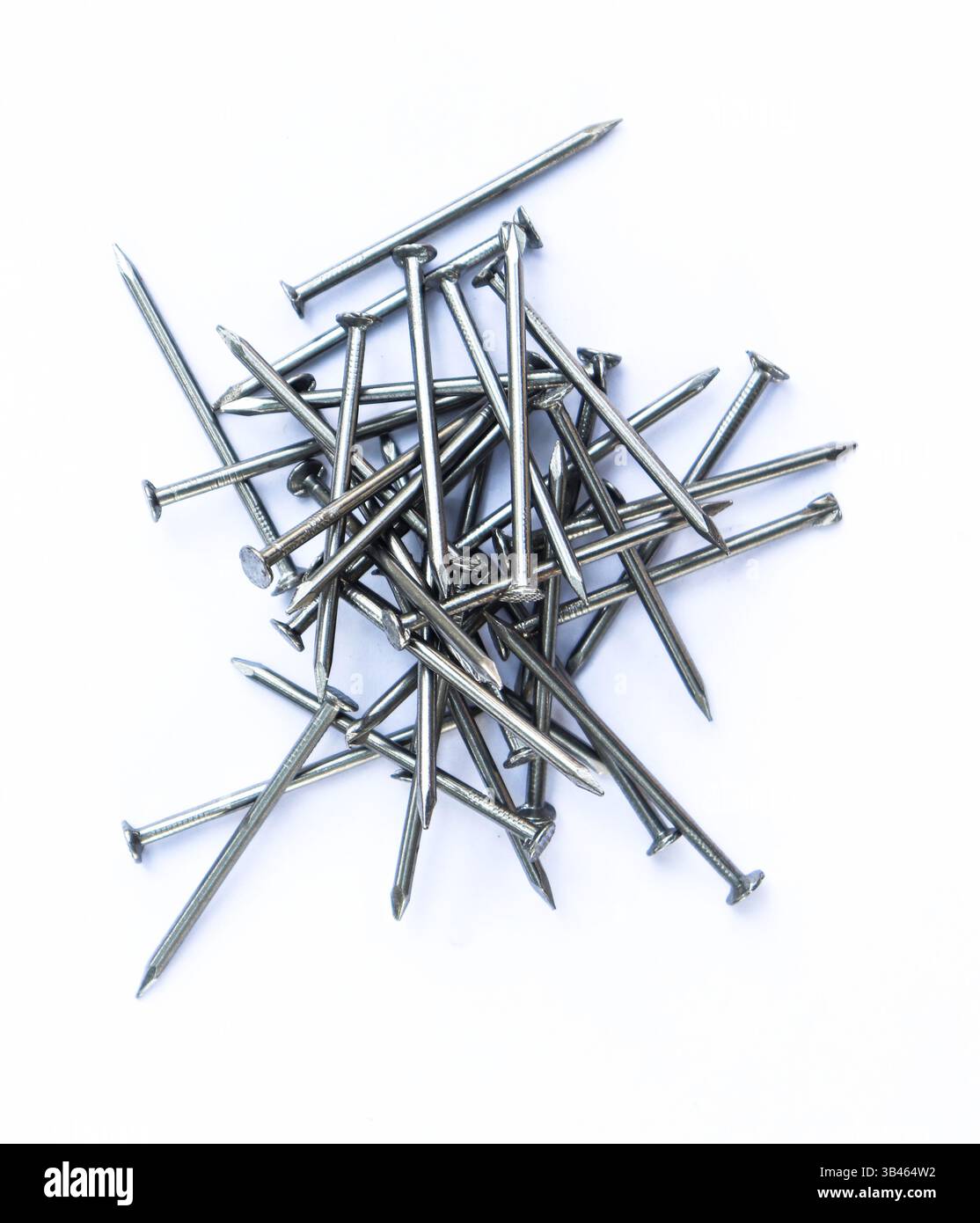 Die Nahaufnahme erfasst eine Gruppe silberfarbener Metallnägel mit sichtbaren Punkten und Köpfen, die ordentlich auf einem weißen Hintergrund angeordnet sind, um ein minimales Minimum zu schaffen Stockfoto