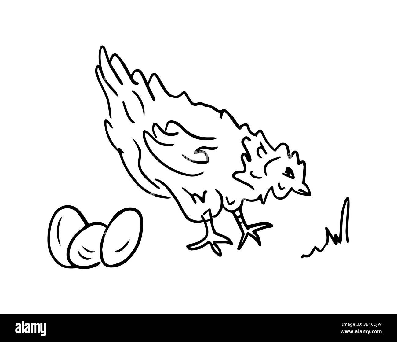 Hausgemachtes Huhn und Eier, Vektorzeichnung im Doodle-Stil. Nutztiere ist eine einfarbige handgezeichnete Konturgrafie. Ein glückliches Huhn für eine selbstgemachte Lebensmittelmarke Stock Vektor