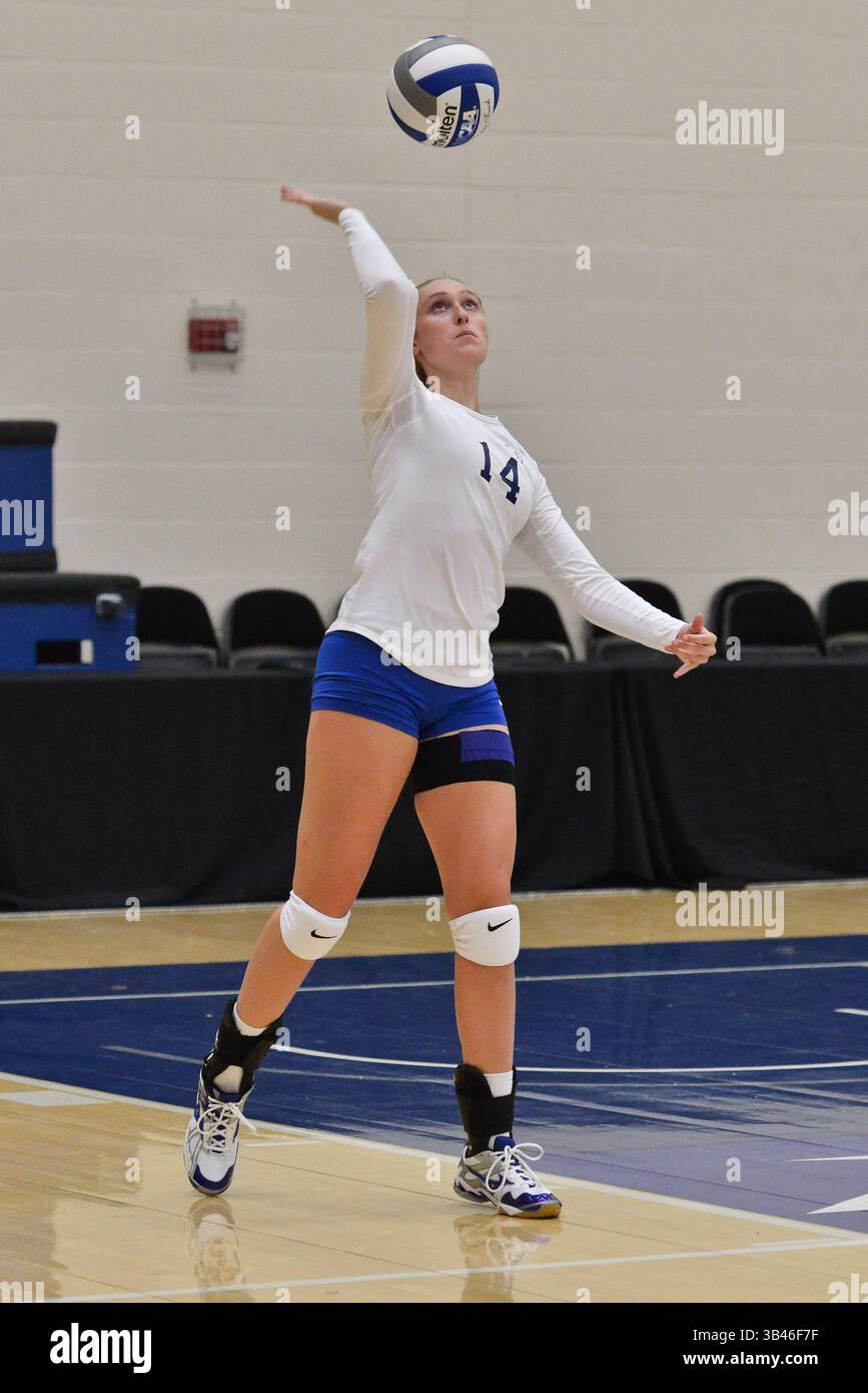 31. August 2015: St. Louis, Missouri, USA - Saint Louis University Billiken (14) spielt den Ball während eines regulären Saisonspiels zwischen den St. Louis Billikens und dem North Dakota State Bison, wo der North Dakota State Saint Louis mit 3:1-Sieg besiegt. (Kreditbild: © Richard Ulreich via ZUMA Wire) Stockfoto