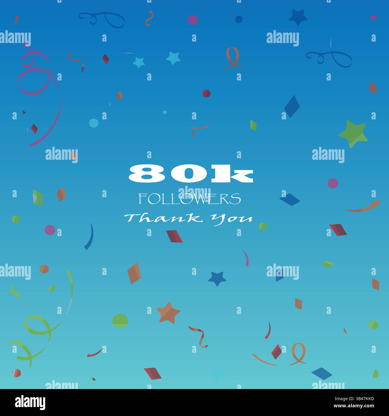Danke für Followerabzeichen, weißes Farbmotiv, isoliert auf himmelblauem Hintergrund. 80 Follower. Vektorgrußvorlage. Stock Vektor