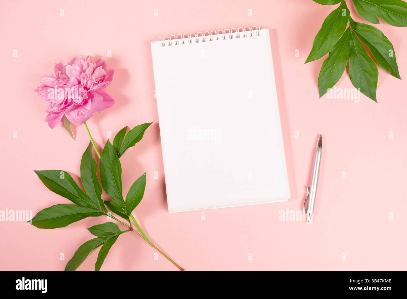 Leeres Notizbuch mit silbernem Stift und rosafarbenen Blumen auf pastellfarbenem Hintergrund für Hochzeitsplaner, persönliche Journale, Wellness-Blogs, romantische Veranstaltung Brandin Stockfoto