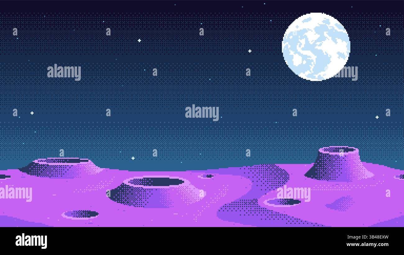 Pixelbild Planet Oberflächenhintergrund. Ort des kosmischen Mondspiels. Illustration des nahtlosen Vektors des Weltraums Stock Vektor